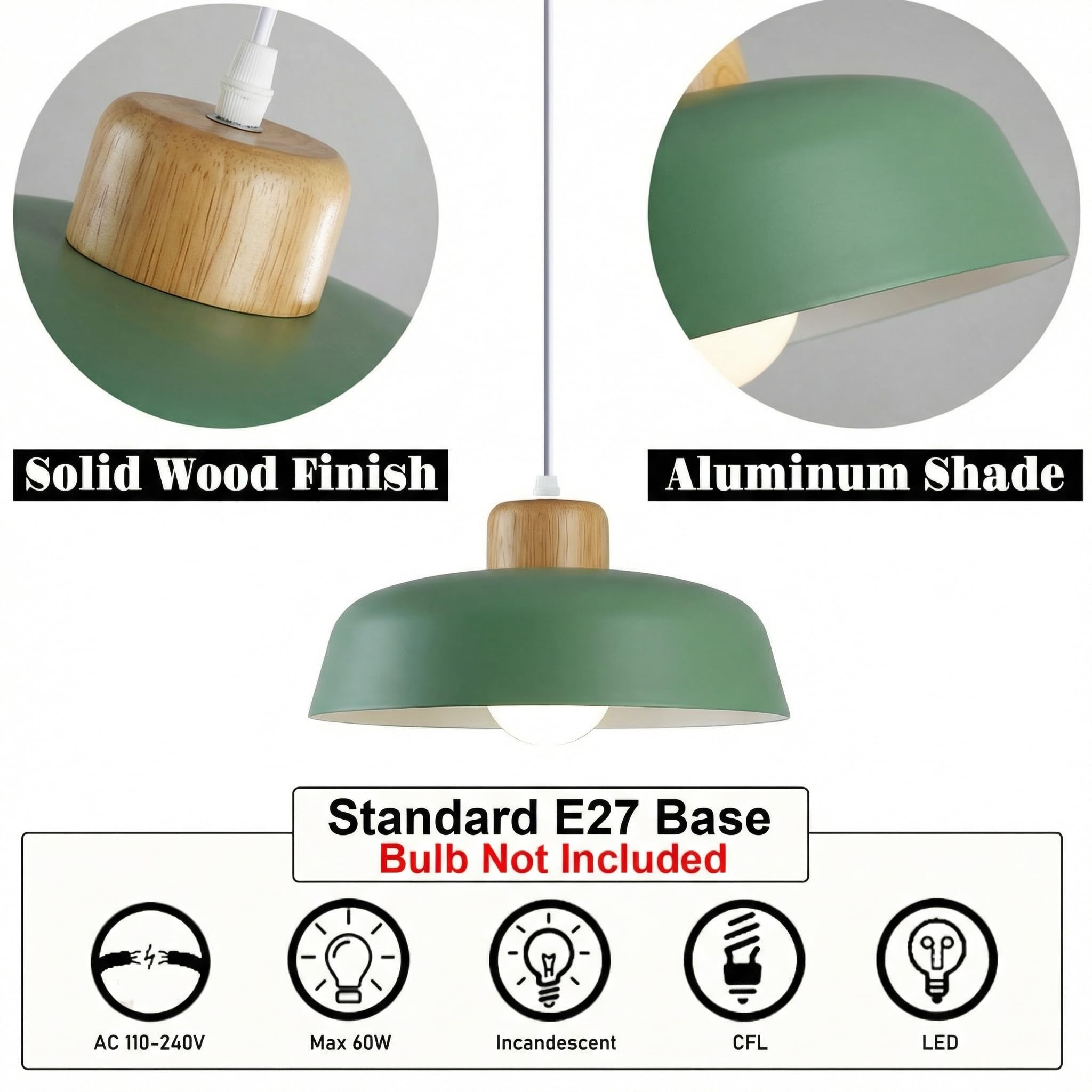 Nordycka nowoczesna, prosta metalowa lampa wisząca, E27, drewniana oprawa, 30 cm, lampa wisząca, żywy kolor do kuchni, sypialni, salonu (zielona)