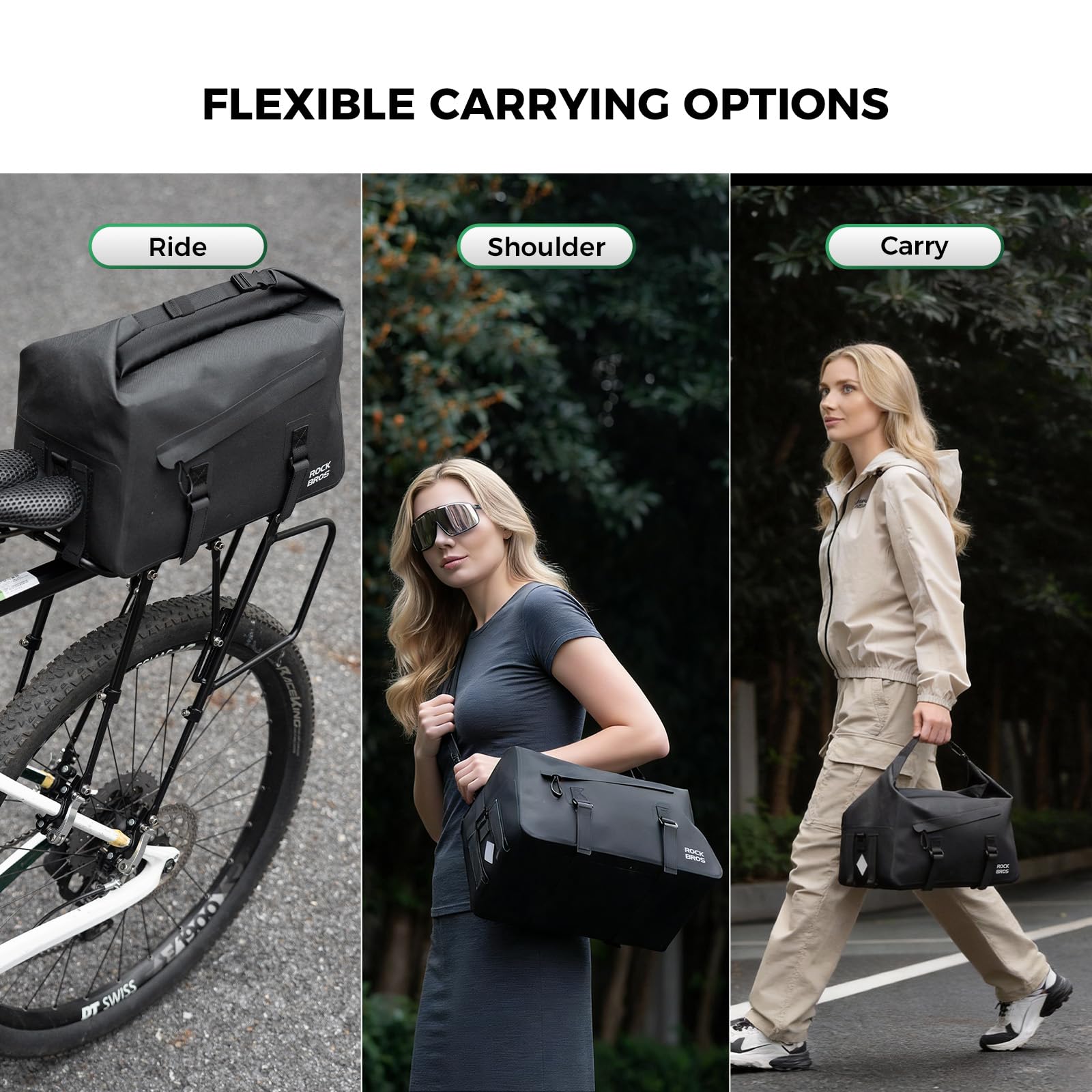 ROCKBROS wasserdichte Fahrrad Gepäckträgertasche mit Rollverschluss | Robust Fahrradtasche Umhängetasche, mit Schultergurt, Reflektierendes Logo, für Pendeln Touren und Alltag, 16 L