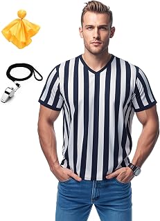 Men's Referee Shirt Collared Official Mens Ref Shirt Jersey Short Sleeve Black and White Stripes Football Halloween Costume