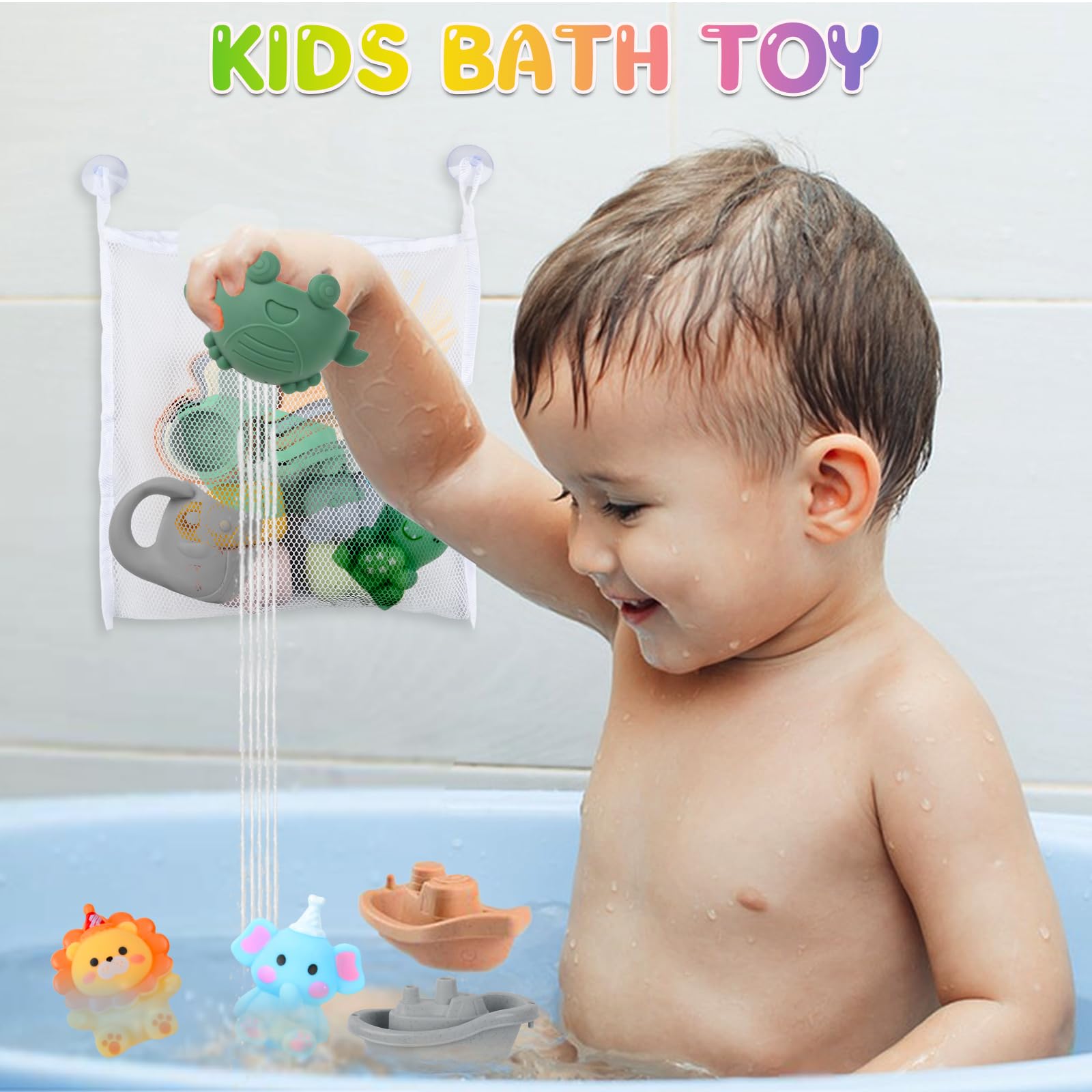 Giochi Bagnetto, 16 Pezzi Giocattoli da Bagno per Bambini con Tazza a Cascata Barchette da Bagno Impilabili e Giocattoli Animali Giungla,Giocattolo a Acqua per Bagno, Piscina, Spiaggia