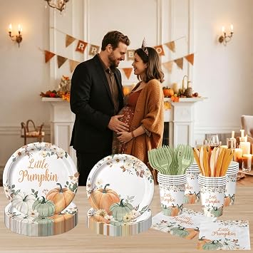 120 Pcs Little Pumpkin Baby Shower Party Decoration Autumn Pumpkin & Floral Tableware Set with Plates, Napkins, Cups, Cutlery for Thanksgiving & Fall Baby Shower Decorations, Serves 20