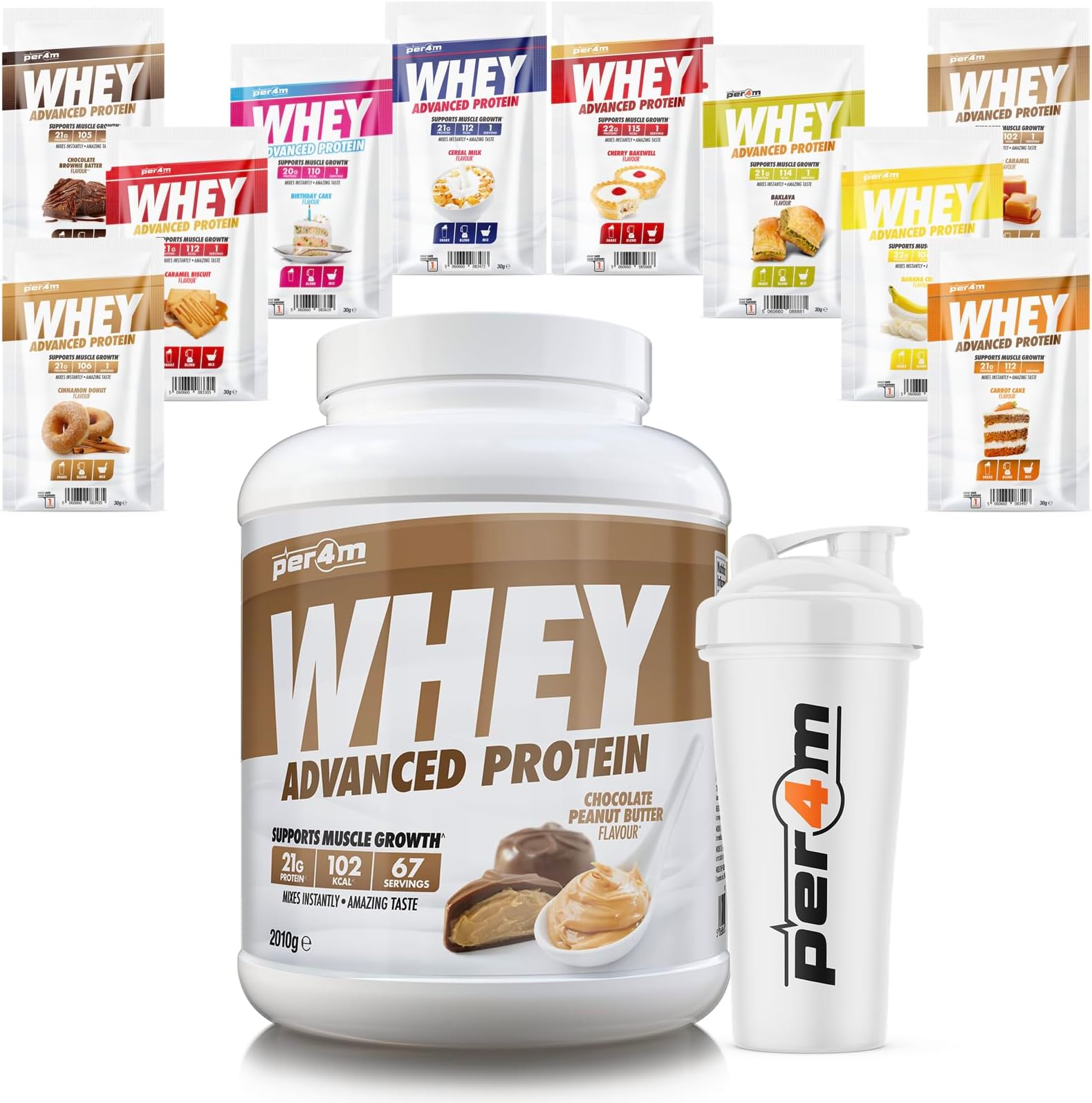 Per4m Advanced Whey Protein Powder | 67 Serving Low Sugar Protein Shake with Amino Acids | Perfect for Your Gym Bag and Travel | Shaker & 10 Mixed Selection Sachets (2010g, Chocolate Peanut Butter)