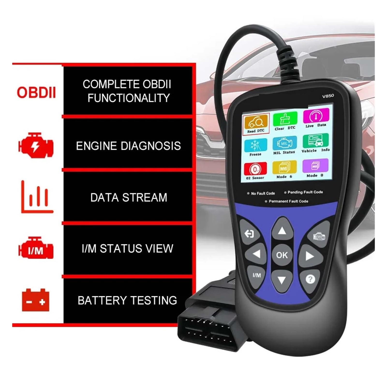 Skaner do Samochodu, V850 Samochodowy skaner diagnostyczny OBD2 Kontrola silnika Czytnik kodów samochodowych Akumulator Wielojęzyczny