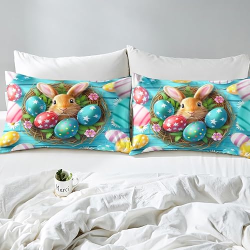 Miniatura 4 de Manfei Juego de funda de edredón de Pascua para niños, tamaño matrimonial, funda de edredón con estampado de margaritas y huevos coloridos con 2
