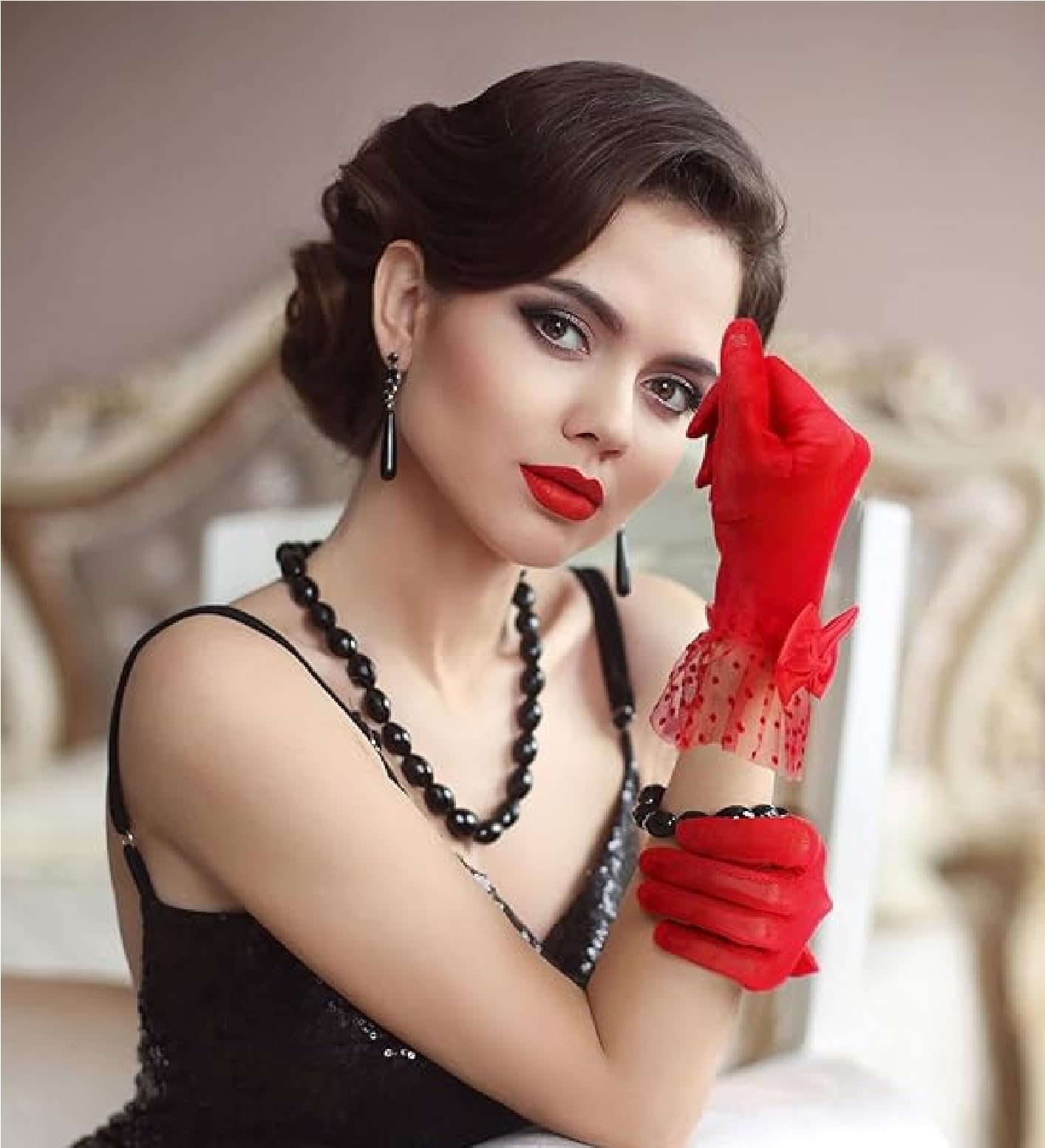 TASMAI MARKETING Ladies Short Lace Gloves, Bow Design with Polka Dots, Soft Breathable Fabric, Pink Red Black Rosered White and Beige Colours (Red, 28 * 9.5 cm) 4
