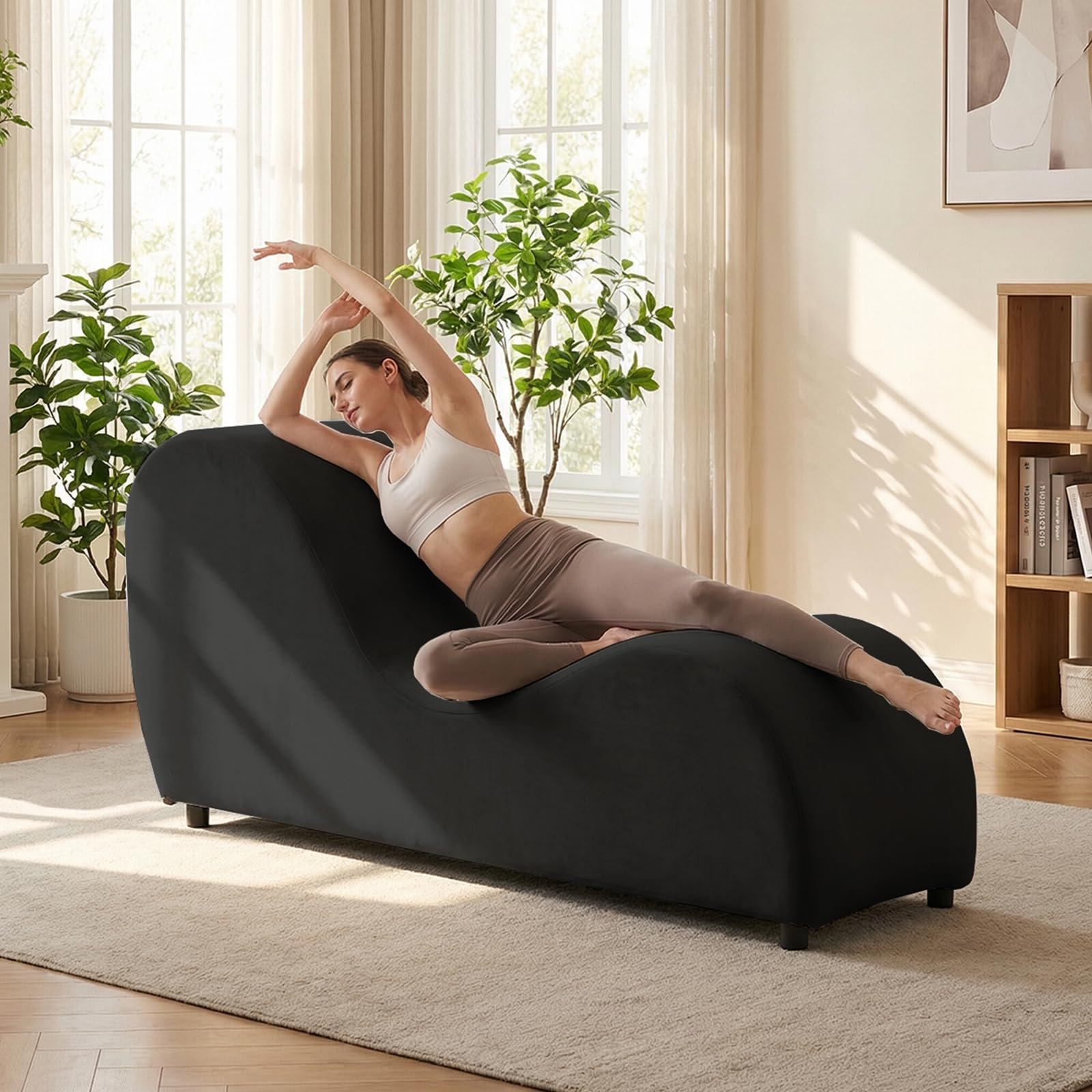 Mjkone Yoga Chaise Lounge Chair, Velvet, Black