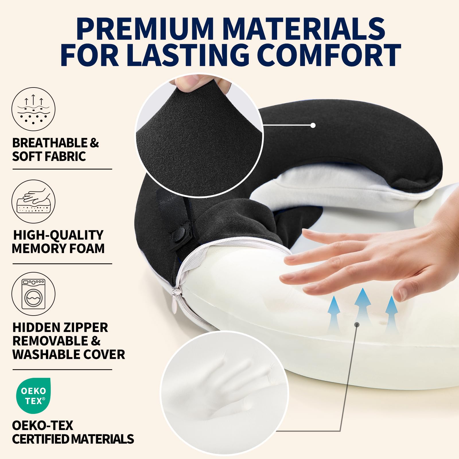 BUYUE Cuscini cervicali da viaggio per aerei, supporto per la testa a 360°, essenziali per dormire a lungo, delicati sulla pelle e traspiranti, kit con maschera per gli occhi sagomata 3D, tappi per le