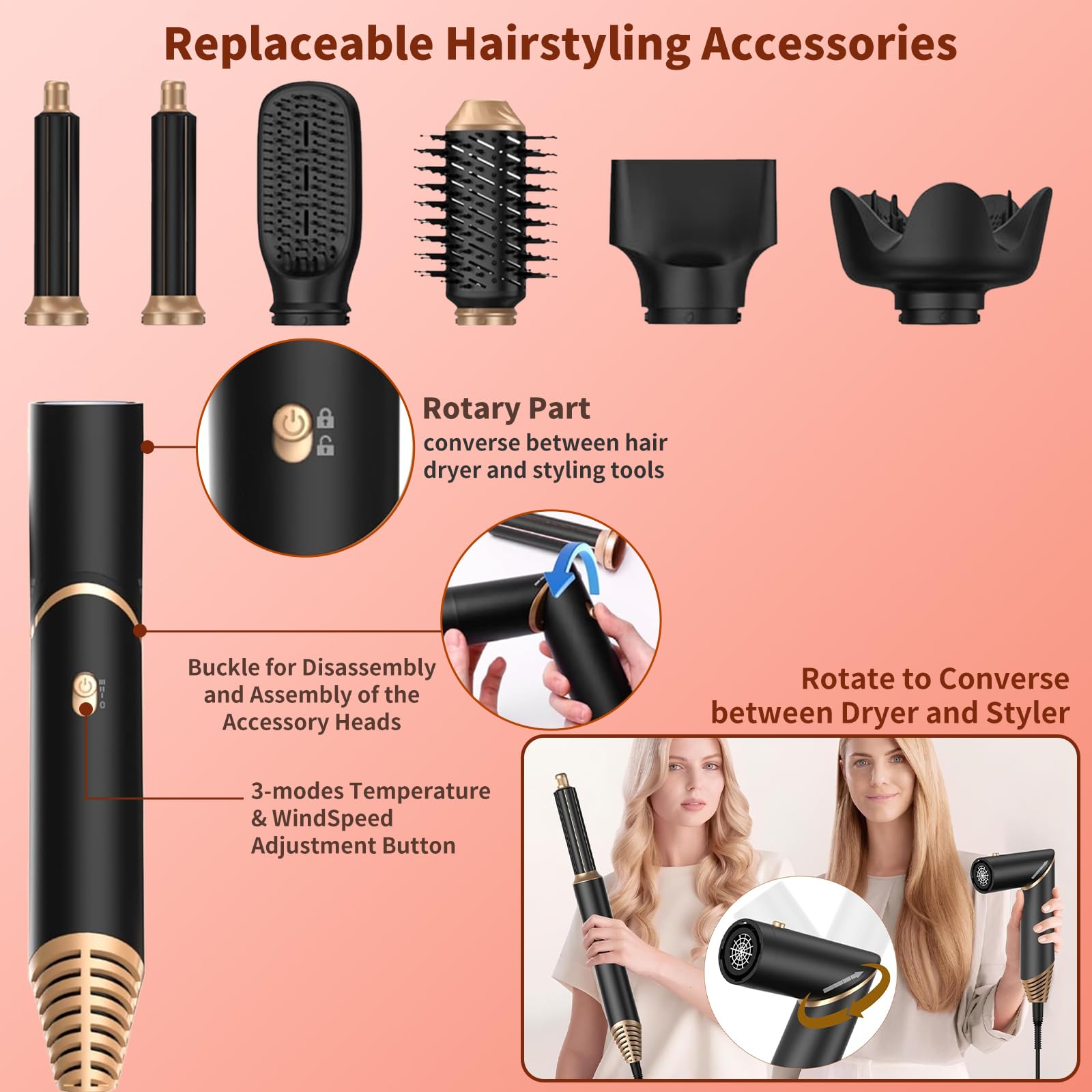 Kit de coiffure Airstyler 6 en 1, peigne à air chaud pliable, brosse ionique sèche-cheveux & fer à boucler, cadeau pour femmes