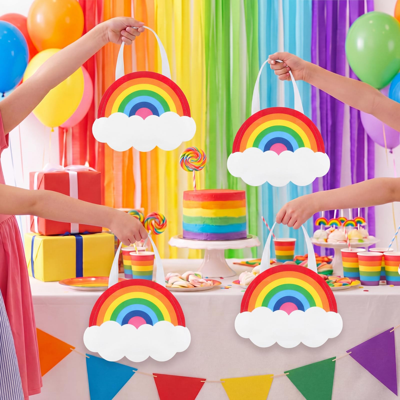 Tranqun 36 Pack Rainbow Party Favor Bags with Handle Rainbow Goodie Non-woven Treat Candy Gift Bags for Cloud Birthday, Baby Shower, Gender Reveal Party Supplies