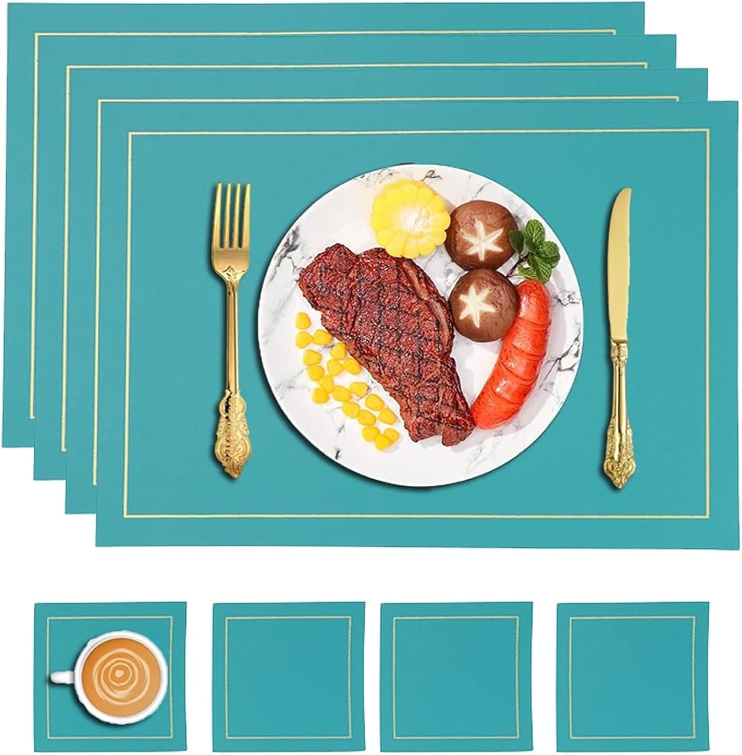 Placemats and Coasters Set of 4, Heat Stain Scratch & Non-Slip Waterproof Wipeable PU Leather Place Mat Indoor & Outdoor Table Mats for Kitchen Dining Table(Brown)