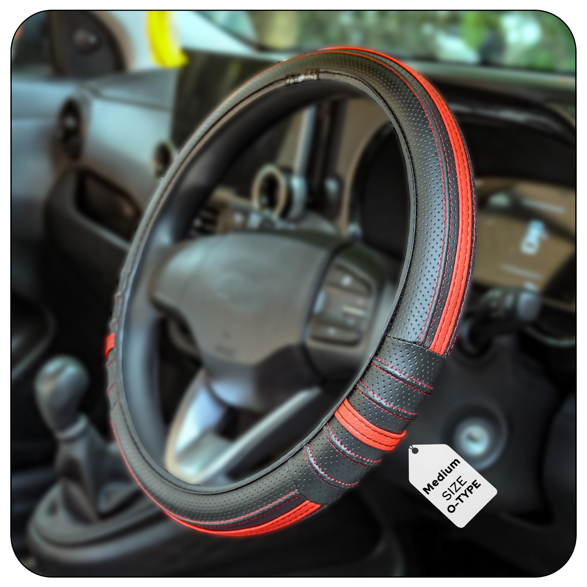 CONTINENTAL DuraGrip Classic - Medium O Type Car Steering Wheel Cover Build with Premium Vegan Leather Anti Slip Natural Rubber (Medium-Black & Red)-image-47