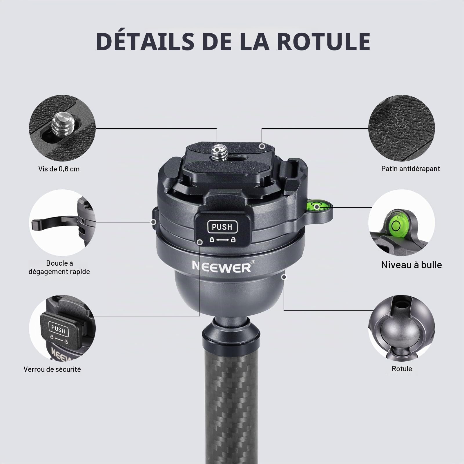 NEEWER LITETRIP LT32 Trépied de Voyage en Fibre de Carbone avec tête panoramique à 360° nivellement ± 15 °, axe Central Amovible, Boucle à Rabat Rapide, Plaque QR Arca Compatible avec Peak Design
