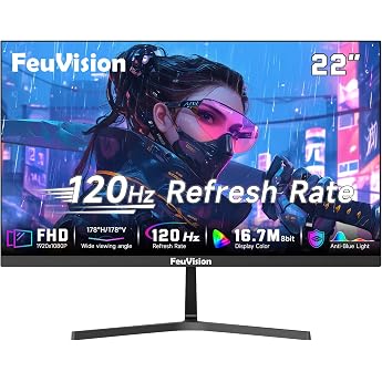 FeuVision 22 Zoll Monitor 120Hz FHD 1080p PC Bildschirm 99% sRGB 40001 Kontrast VESA Rahmenlos Bildschirm Eye-Care Blaulichtfilter HDMI VGA Anschluss