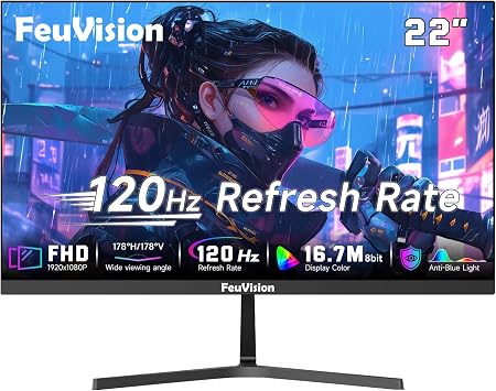 FeuVision 22 Inch Monitor 120Hz, FHD 1080p Computer Monitor, 99% sRGB | 40001 Contrast, 3-Sided Frameless, Ultra Slim, VESA, LowBlue Mode, Tilt Adjust, HDMI *1, VGA*1