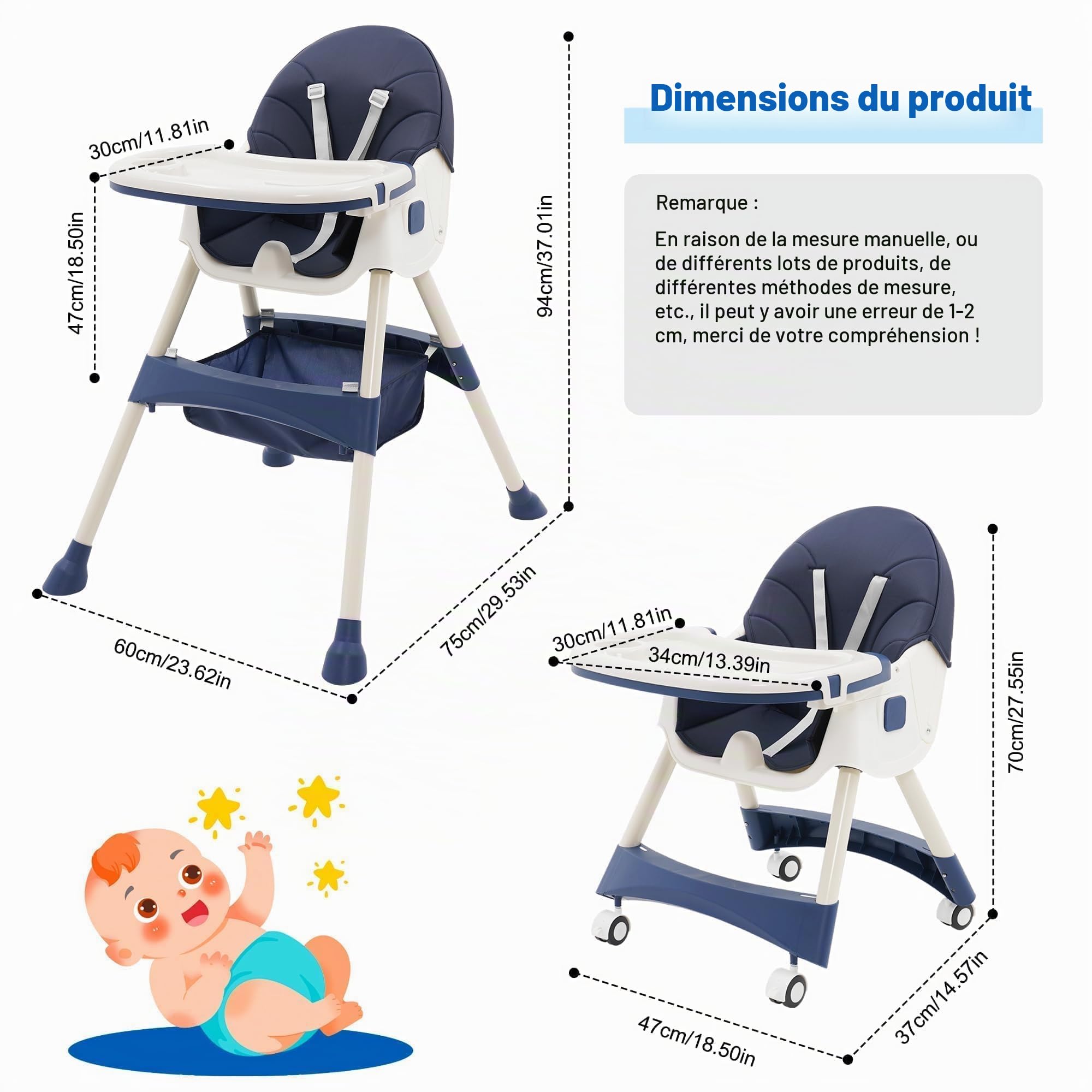 Chaise Haute bébé Evolutive Pliable Chaise Haute Inclinable Enfant Chaise Reglable Hauteur avec Roue Verrouillable et Double Plateau, 4 Angles d'Inclinaison, de 6+ Mois (Bleu)