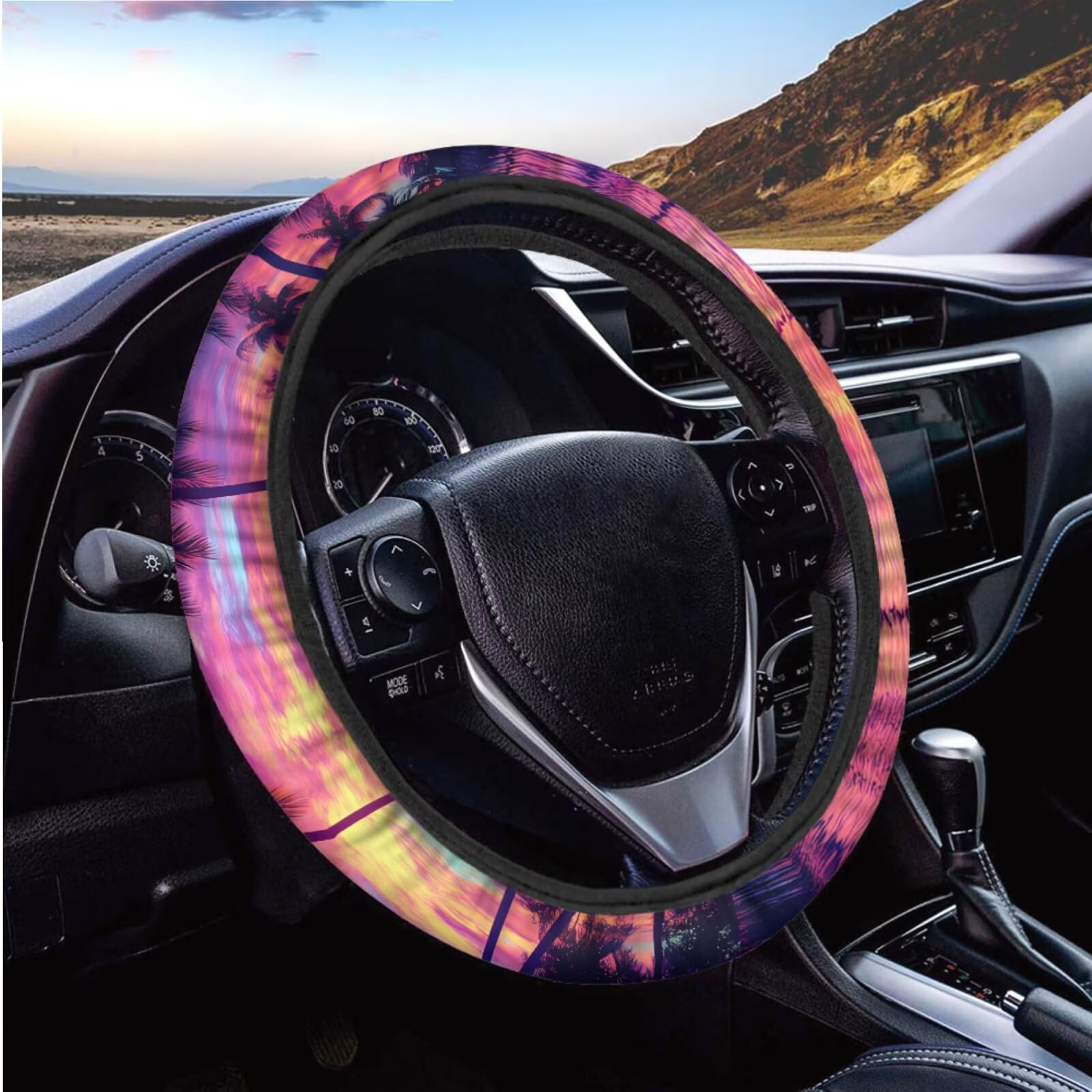 Bulopur Set completo di coprisedili per auto con palme tropicali, 7 pezzi, coprivolante, antiscivolo, elastici, coprivolante, tostapane, accessori per interni da donna e ragazza