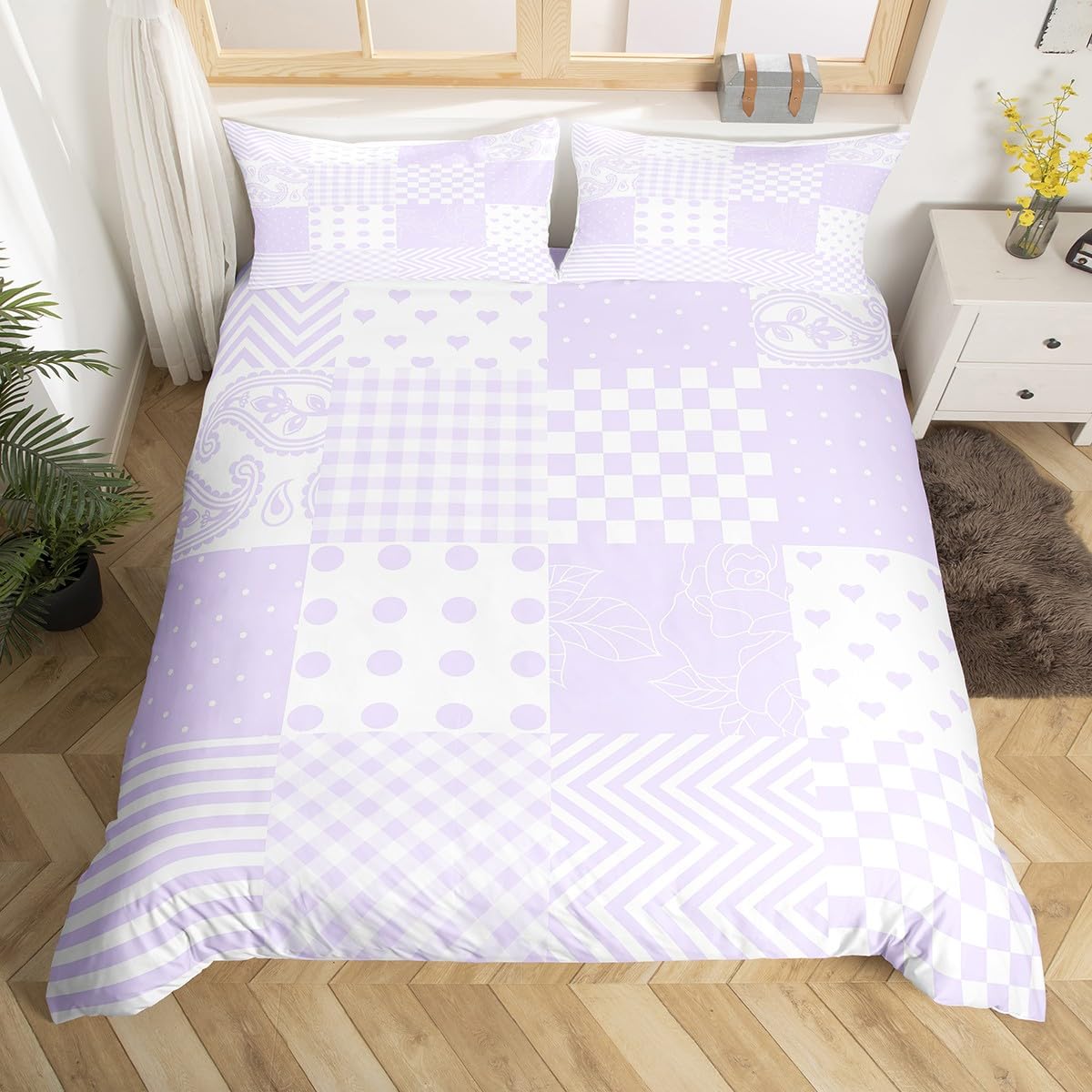 Manfei Purple Plaid Duvet Cover Set Single Size, Paisley Floral Hearts Print Comforter Cover with 1 Pillowcase