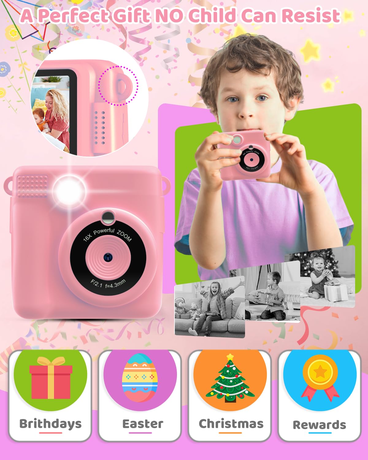 Cámara de impresión instantánea para niños con 3 rollos de papel de impresora, cámara digital 1080P para niños de 3 a 12 años con tarjeta SD de 32 GB, regalos de Navidad y cumpleaños para niñas y