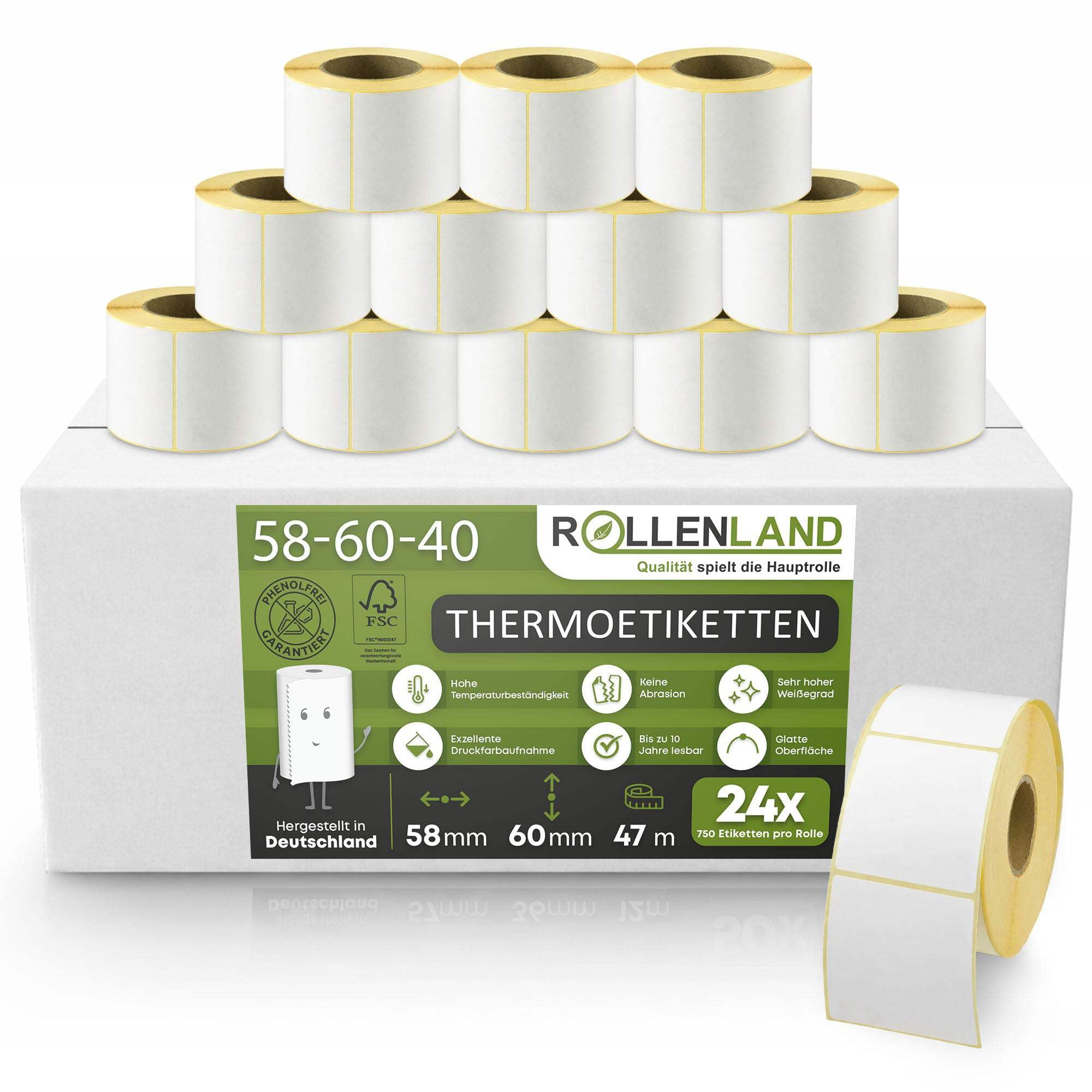 ROLLENLAND 24 Thermoetiketten 58x60x40 [47 m Lauflänge & Blanko] Selbstklebende Etikettenrollen, Thermopapier 58 mm, Etiketten für Waagen und Gastronomie