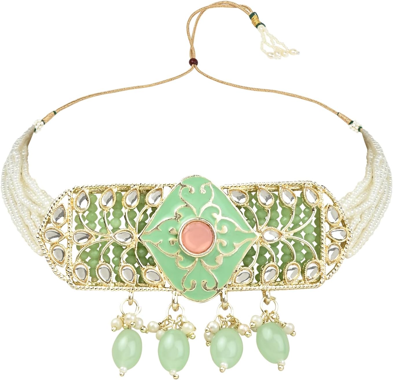 I Jewels Gold Plated Indian Wedding Bollywood White Tumble Studded Pearl Beaded Polki Kundan Choker Necklace Set for Women