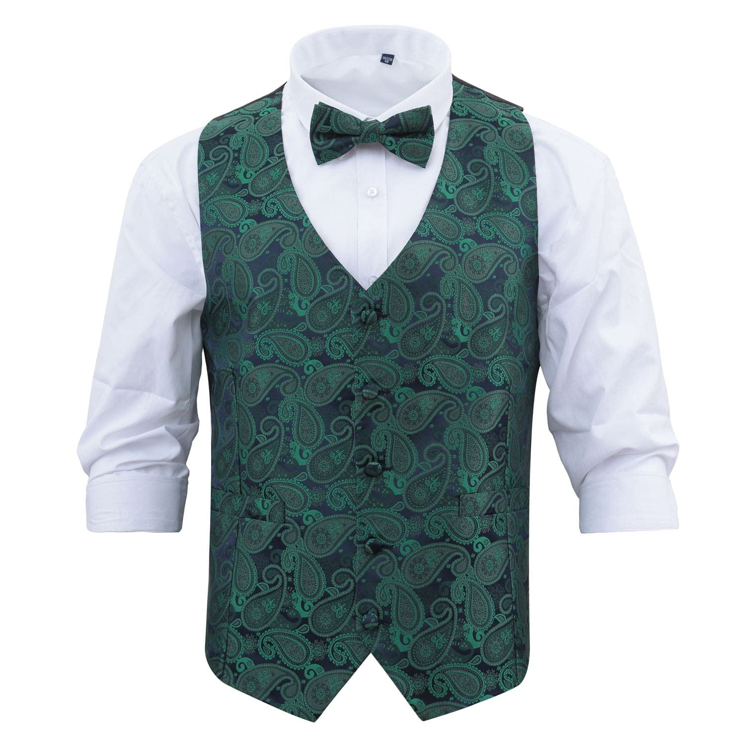 Dqt Men's Navy & Green Paisley Bohemian Wedding Waistcoat & Bow Tie Set – Formal Suit Groom Best Man – – 2XL (44")