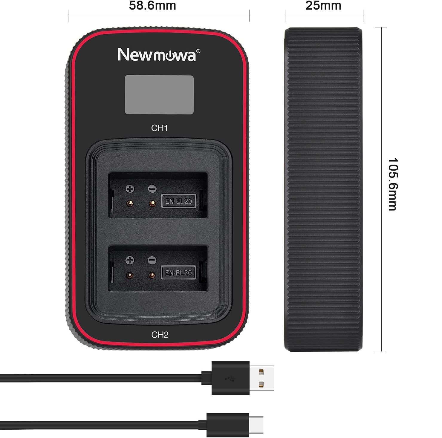 Newmowa EN-EL20 Zapasowa bateria (2 sztuki) i inteligentna ładowarka USB z wyświetlaczem LCD do Nikon EN-EL20, EN-EL20a, Nikon 1 J1,1 J2,1 J3,1 S1,1 V3, Coolpix A, P1000 i Blackmagic Pocket Cinema