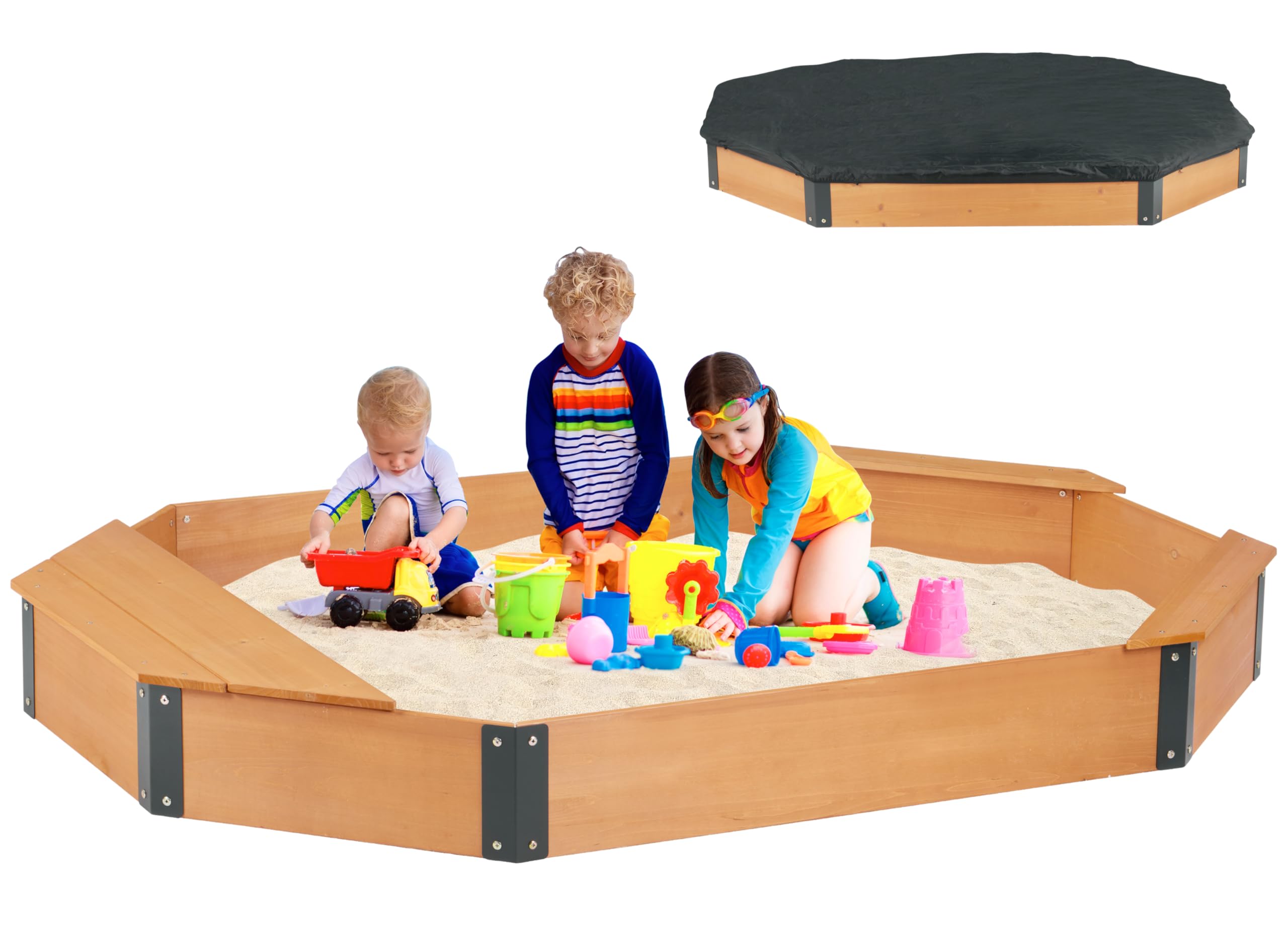 75.5''x53''x8.5'' Octagon Sandbox with Storage Box for Kids Outdoor Play, Wood Large Sandpit with Cover & 3 Benches, Quick Easy Install