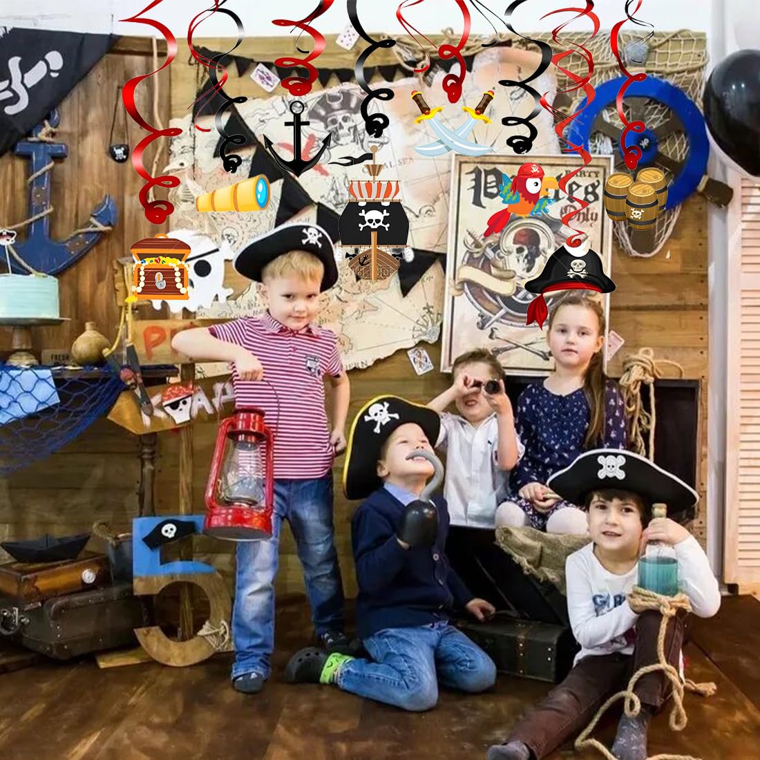 Carnaval, Halloween, Día del Niño Decoraciones de Remolinos Colgantes de Fiesta Pirata Serpentina de Espiral de Pared de Techo de Tema Pirata Remolino Colgante de Techo de Tesoros Loro