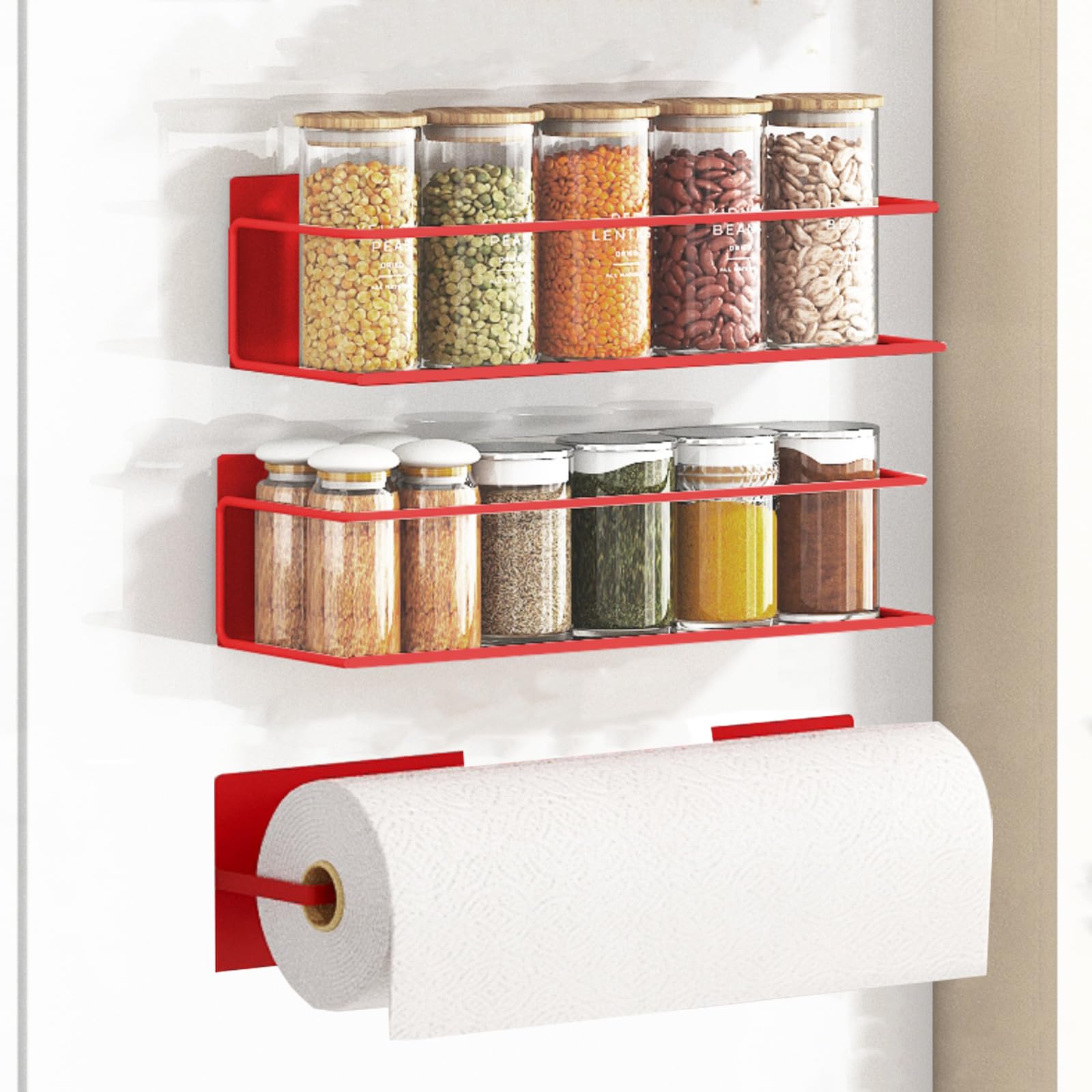 Magnetic Spice Rack For Refrigerator, Space Saving Magnetic Shelf For Fridge Red 2 Pack With Magnetic Paper Towel Holder