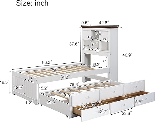 Miniatura 56 de Quarte Cama de plataforma de madera de tamaño matrimonial para niños con cabecera en forma de casa y luces nocturnas activadas por movimiento, no