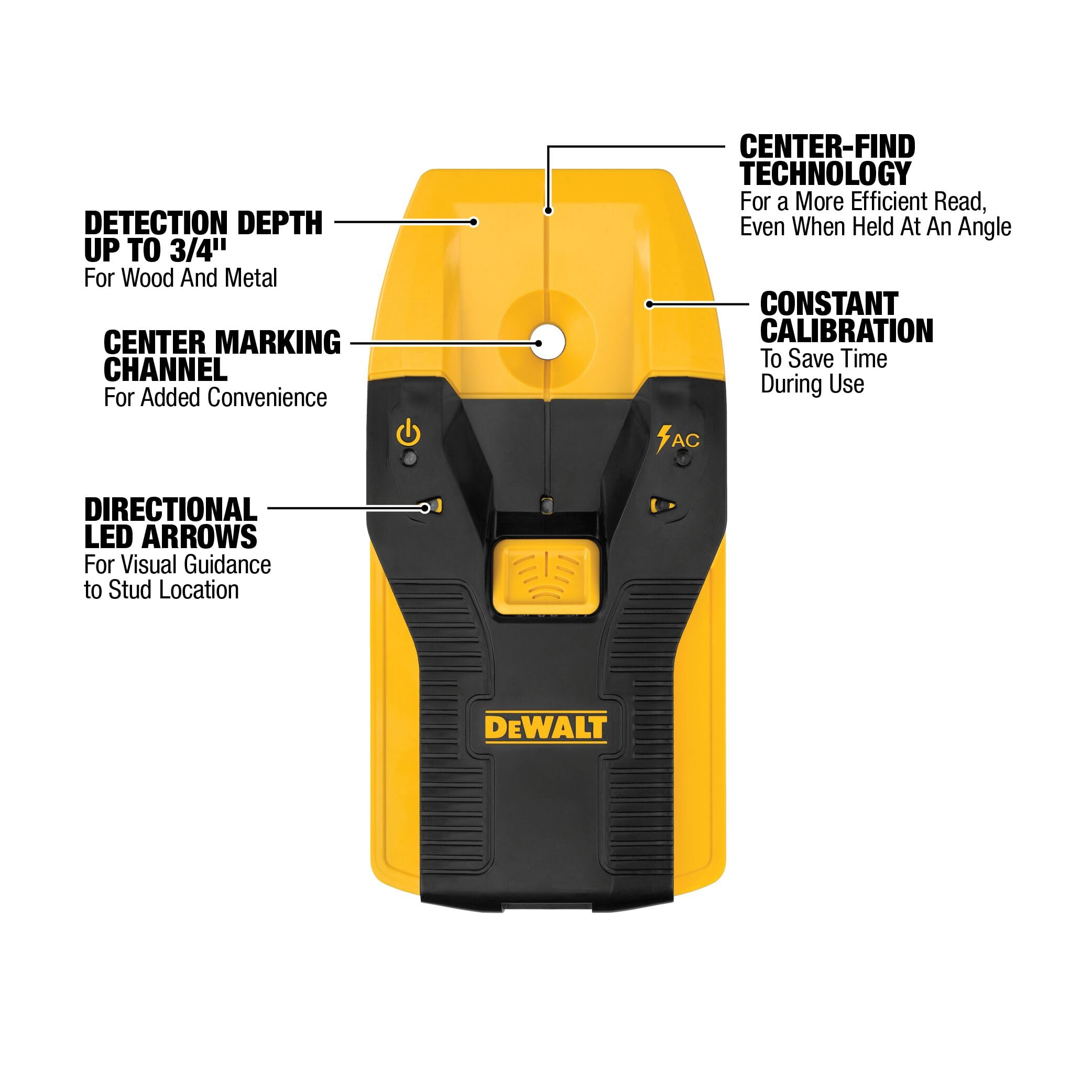 DEWALT Buscador de Pernos de 3/4 Pulgadas, localiza los Pernos de Encuadre eficientemente con Flechas LED, Ideal para Madera y Metal, Pilas AAA Incluidas (DW0100)