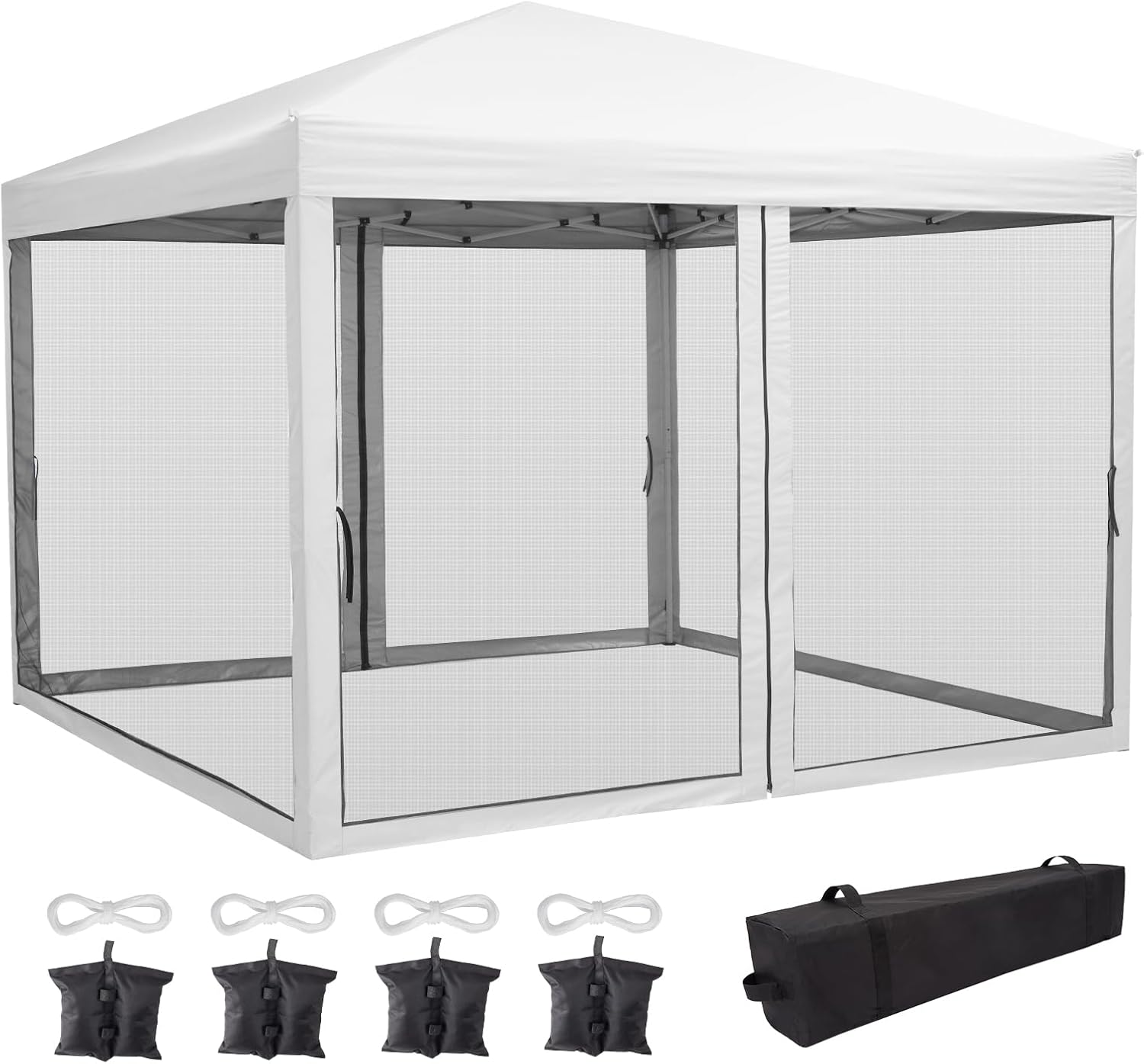 10 x 10 FT Pop Up Canopy, 3 Height Adjustable Instant Canopy with Mosquito Netting, Portable Screen Shelter with Wheeled Carry Bag, Heavy Duty Sun Shade for Patio, Backyard, White