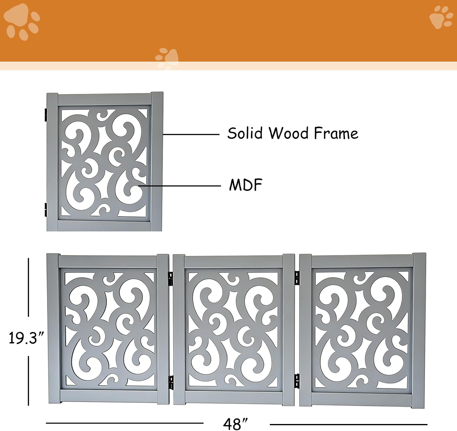 Ashfield & Harkness: 3-Panel Pet Gate - Scroll Grey - Wooden Foldable Freestanding Fence, Small Dogs & Puppy, 48 x 19.3, Indoor-Doorway-Halls-Stairs