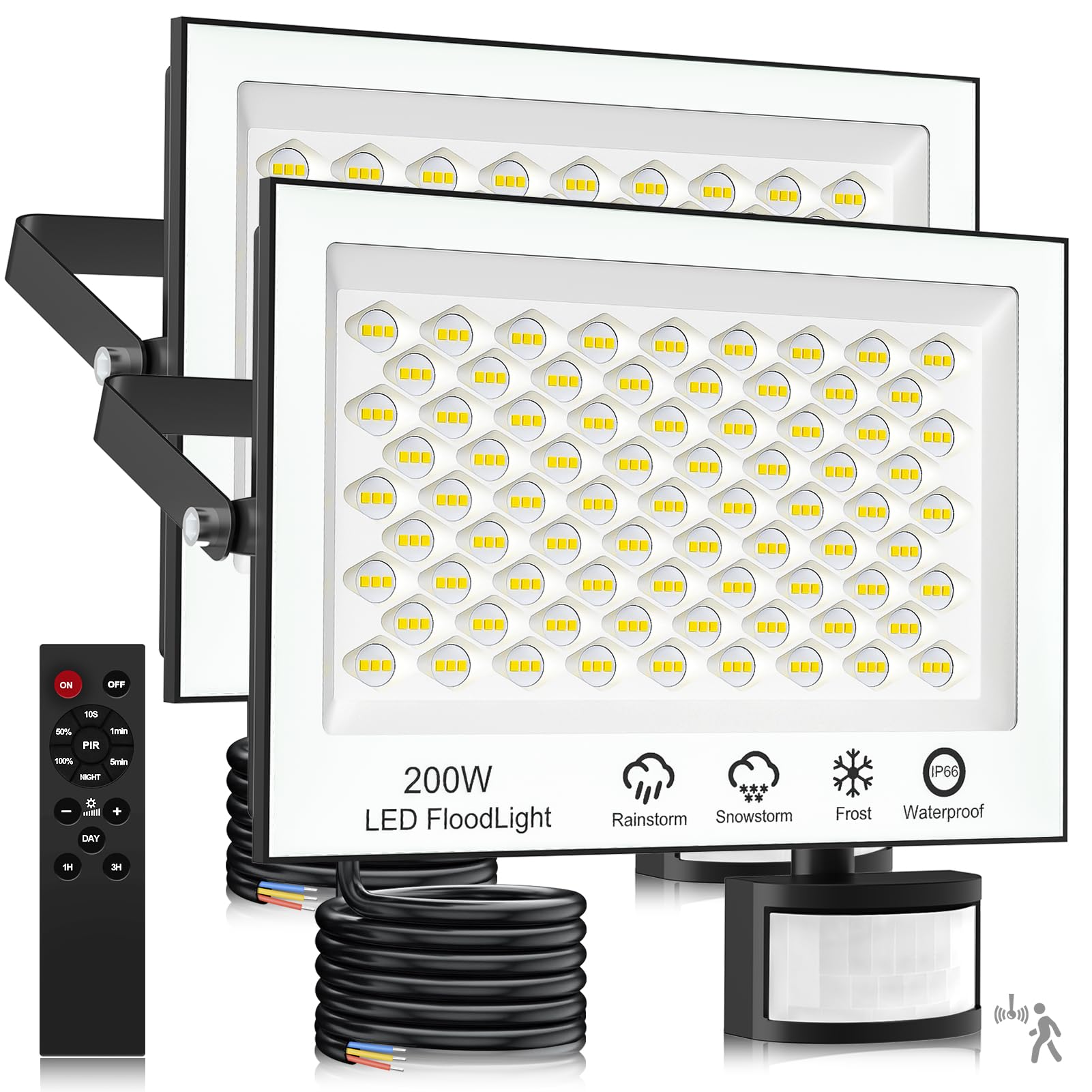 Foco LED con Sensor de Movimiento - 200W 20000LM Super Brillante Focos LED Exterior, IP66 Impermeable Focos Exterior con Brillo Ajustable 6500K Blanco Frío Foco LED para Casa, Garaje, Patio 2 PACK