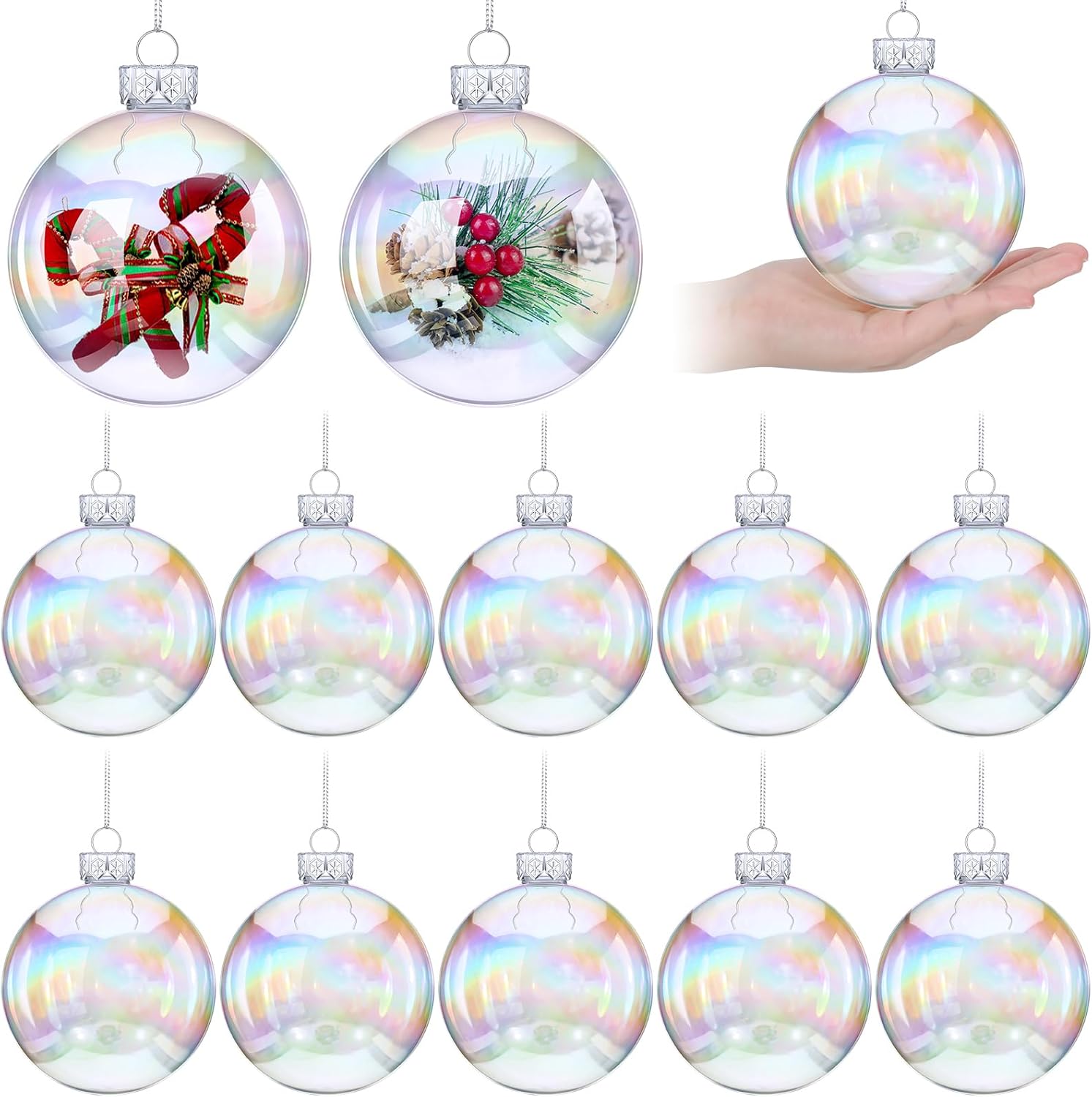 12 Pcs Large 4 Inch Iridescent Ornaments Clear Christmas Ornament Balls Iridescent Christmas Balls for Tree, Plastic Ornaments Clear Plastic Fillable Decoration, Xmas Hanging Decor for Holiday