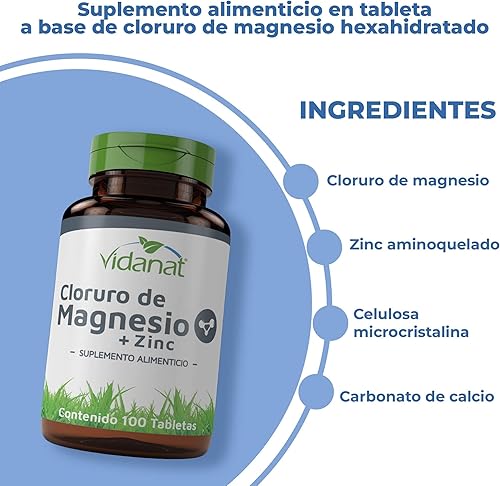 Miniatura 5 de Vidanat Cloruro de magnesio con zinc 100 tabletas - Apoya la relajación muscular y la salud inmunológica