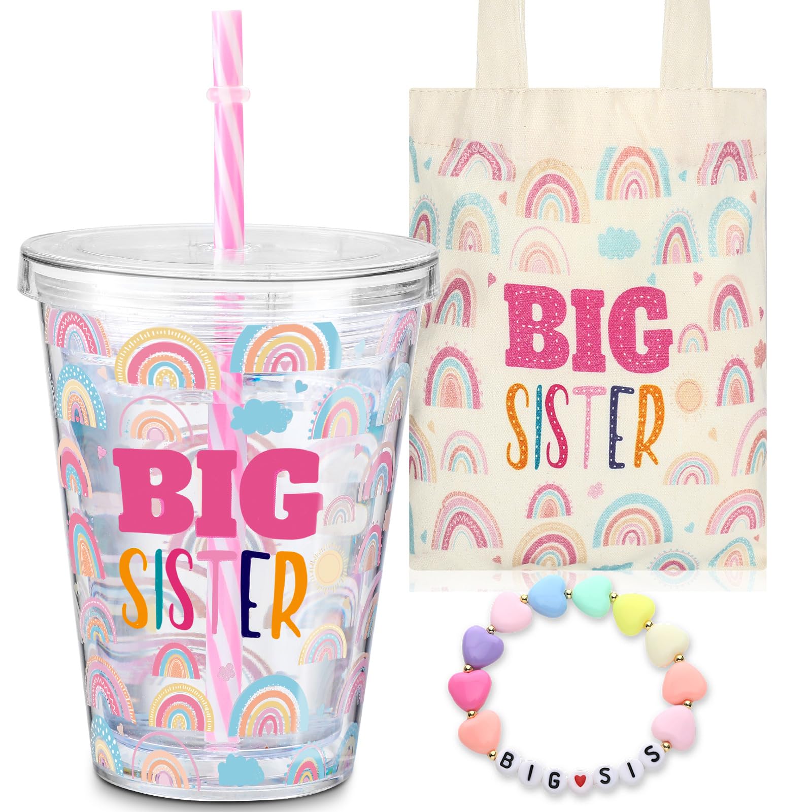 Shinylin 3 Pcs Big Sister Gift for Girls 12 oz Pink Big Sister Cup Insulated Acrylic Tumbler with Leakproof Lid and Straw Canvas Tote Bag Bracelet for