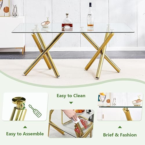 Miniatura 5 de Ebullient Moderno juego de mesa de comedor para 6, mesa de comedor de cristal de 71 pulgadas y patas de mesa de metal dorado, mesas de comedor Mesa