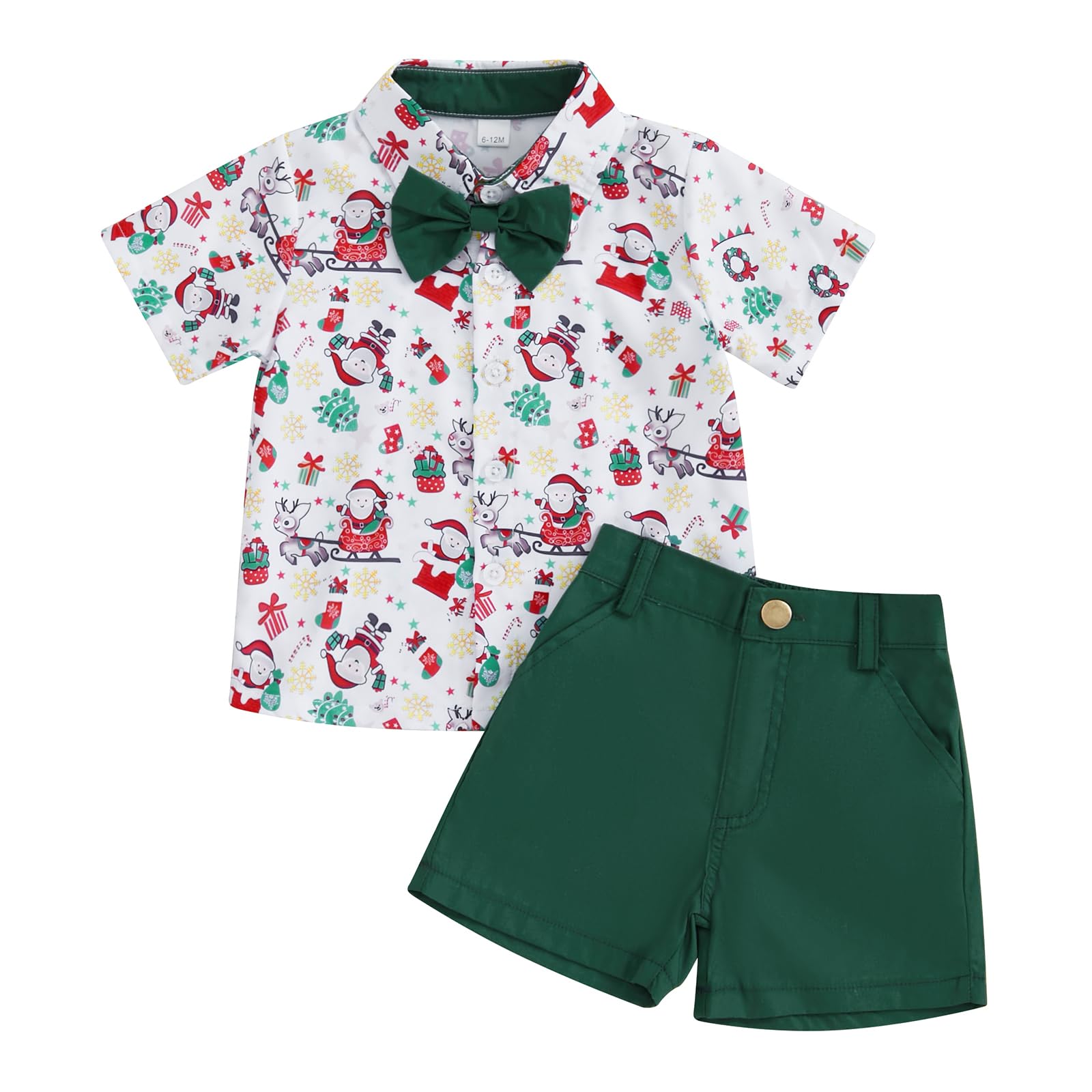 KtwHarnu Toddler Baby Boy Christmas Outfit Button Up Short Sleeve Bowtie Shirt and Shorts Set Gentleman Outfits Suit (A-Green, 6-12 Months)