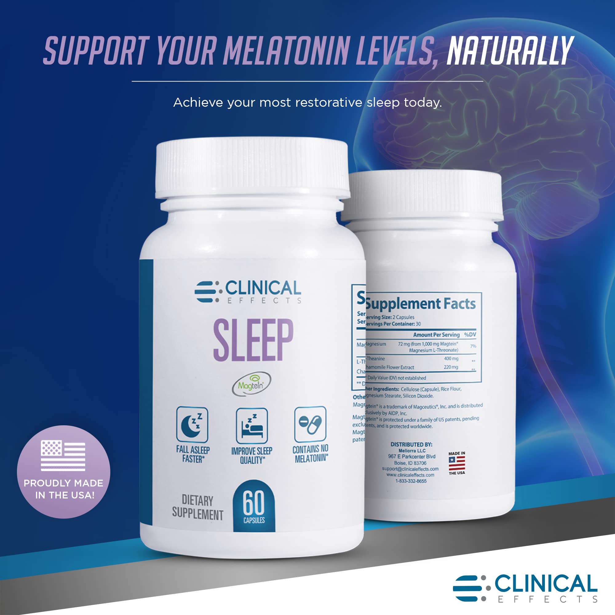 Amazon.com: Clinical Effects Sleep - Magnesium Supplement with Magtein - 60  Capsules - Magnesium L-Threonate, L-Theanine and Chamomile - for Relaxation  and Natural Calm - No Melatonin Sleep Support - USA Made : Health &  Household