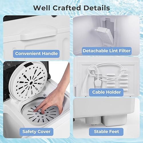 Miniatura 7 de Giantex Lavadora portátil, lavadora de 20 libras con bomba de drenaje integrada y control de tiempo, doble bañera compacta de 12 libras de lavado y