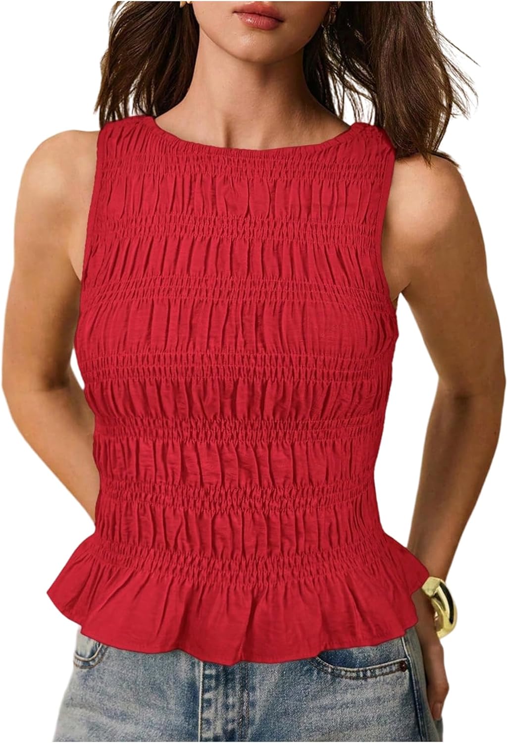 Milumia Women's Sleeveless Crewneck Frill Smocked Ruffle Crop Top Shirred Tank Top Shirt