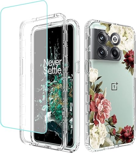 Funda para teléfono para OnePlus 10T 5GOnePlus Ace Pro, CPH2415 con protector de pantalla de vidrio templado, bonito patrón floral transparente de