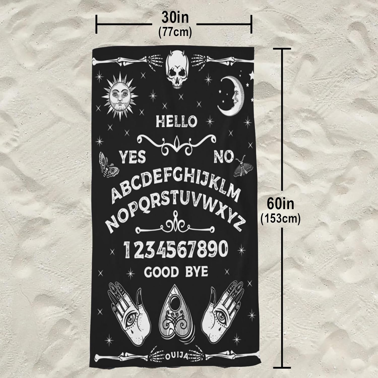 Gothic Ouija Board Beach Towel, Halloween Skull Sun Moon Goth Bath Towels, Black and White Beach Accessories Quick Dry Microfiber Yoga Swim Pool Towels 30x60 Inch/ 77X153cm