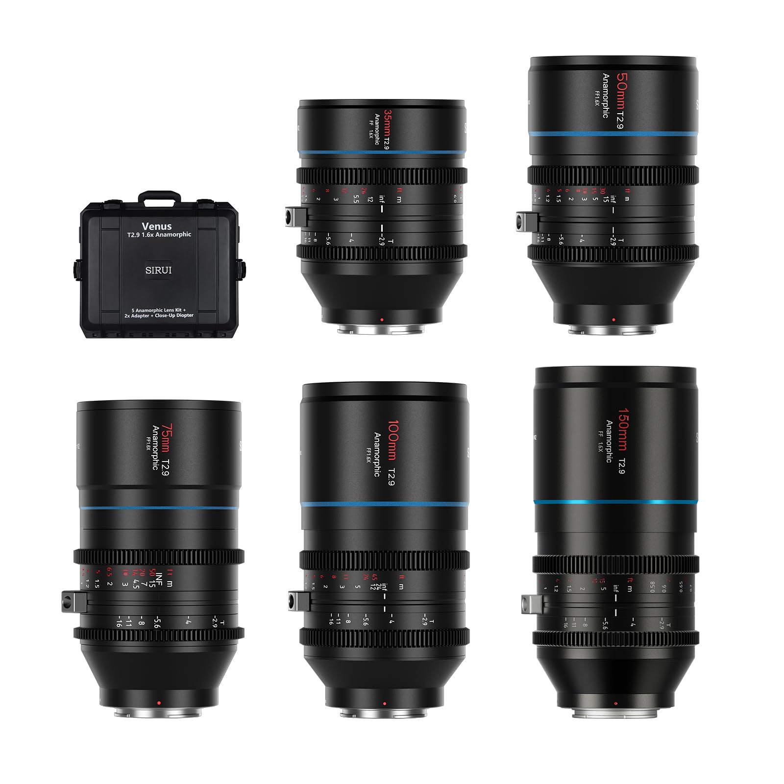 SIRUI Venus T2.9 1.6X Full-Frame Anamrophic Lens Set, Telephoto Anamorphic Cine Lens, 35mm+50mm+75mm+100mm+150mm Venus Lens Set for Sony E Mount, Blue Flare