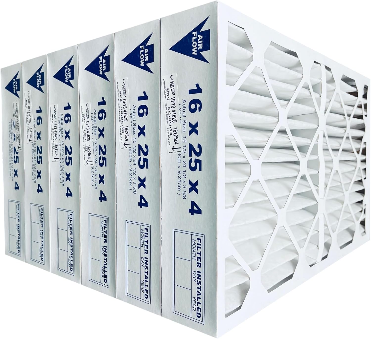 United Filter 16x25x4 MERV 13 Furnace Air Filter (Case of 6) HVAC Filters Captures Bacteria