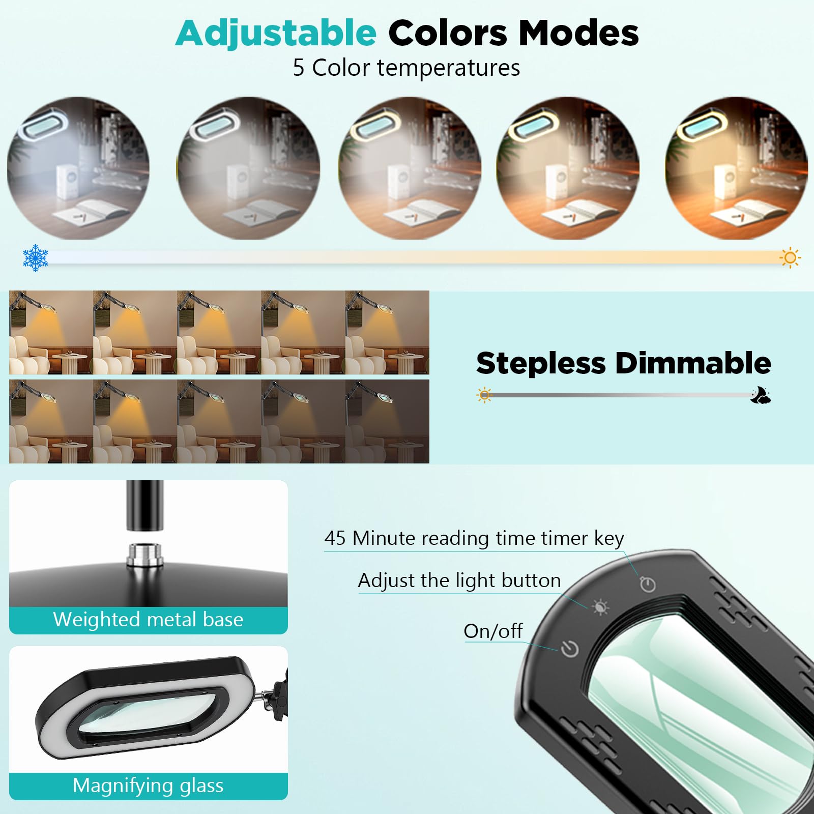 15X Lupe mit Licht und Ständer, 3-in-1 Standlupe, Lupenlampe mit 5 Farbmodi, Stufenlos Dimmbar, 60 LED, Stabiler Metallständer, Große Flexible Schwenkarm Lupenleuchte für Senioren, Hobbys und Basteln