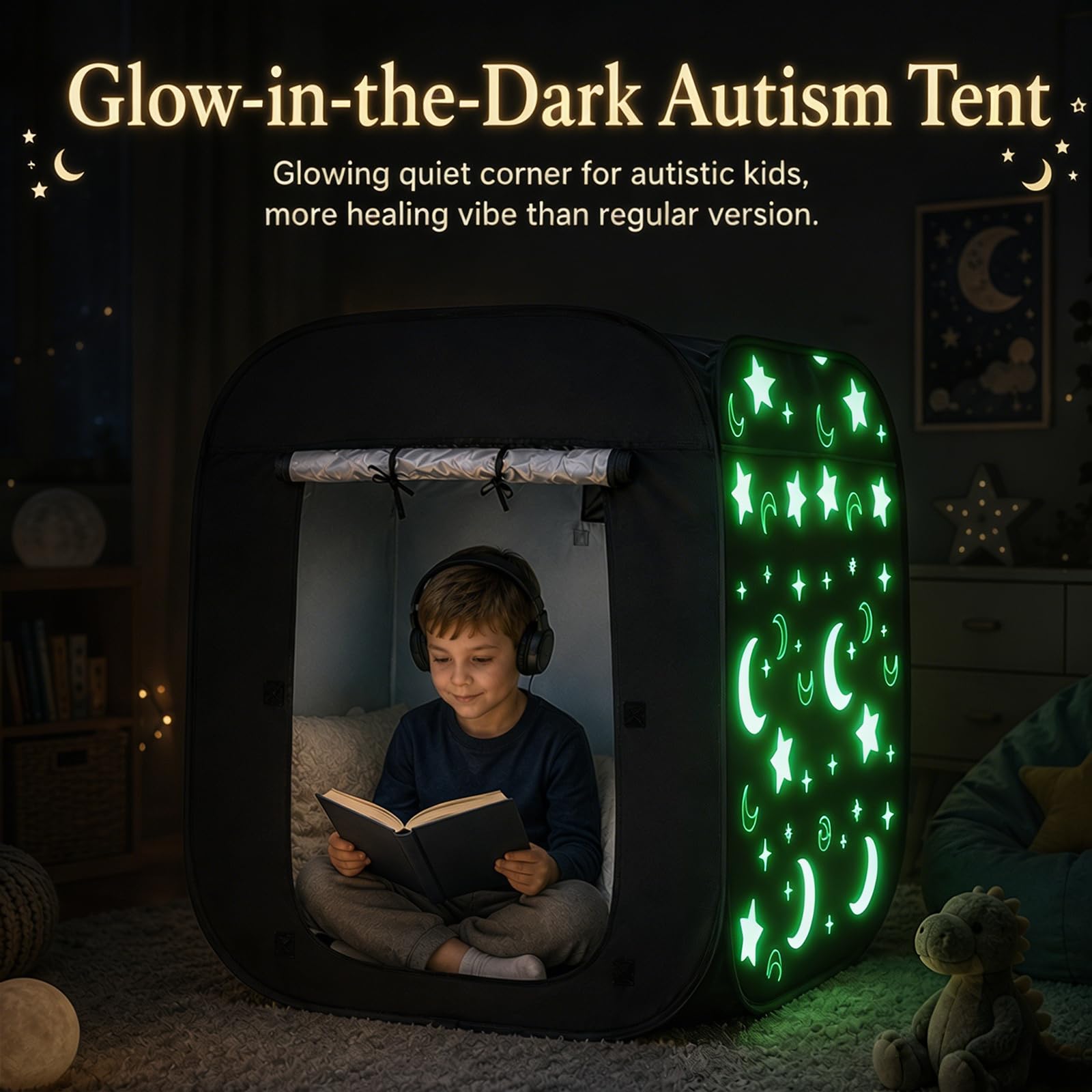 Tenda sensoriale, tenda pop-up per bambini con stelle e lune che si illuminano alla notte, per calmare e favorire la concentrazione, tenda oscurante sensoriale per interni, autismo, SPD, ansia, ADHD