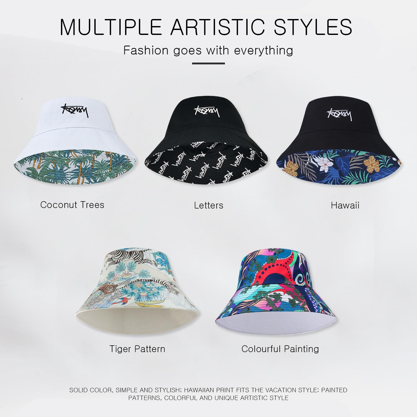 LumiSyne Chapeau De Pêcheur Réversible Unisexe Couleur Unie avec Lettres/Imprimé Style Hawaïen Bob Chapeau De Seau avec Jugulaire Détachable Pliable Coton Chapeau De Soleil pour Été Plage Voyage