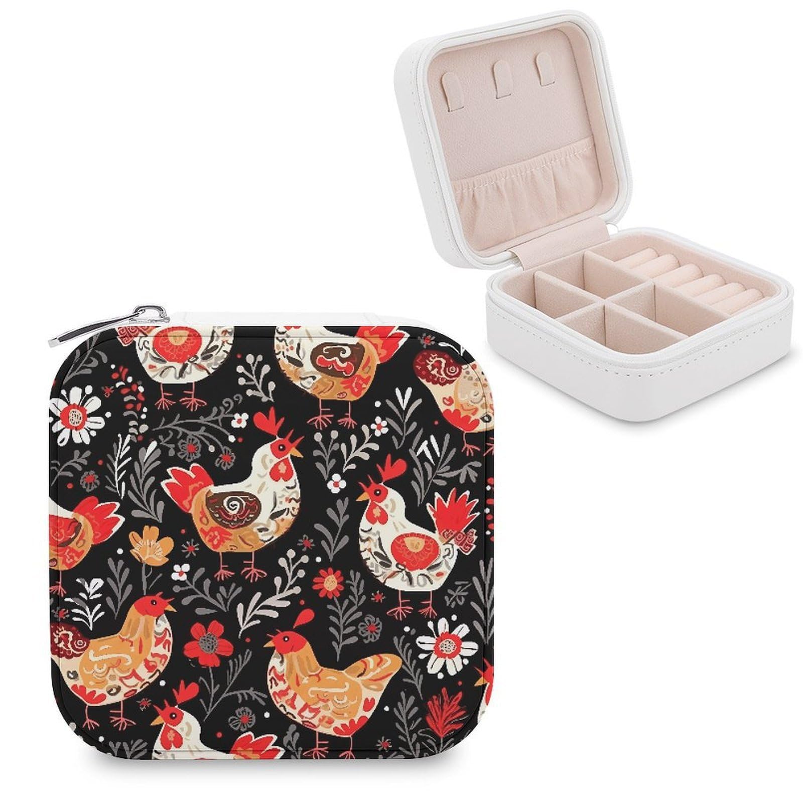 VstaDank Cute Rooster Chickens Jewelry Box Exquisite Leather Jewelry Organizer Portable Trinket Organizer Fashion Travel Jewelry Case for Rings Earrings Necklaces Unique Gifts for Women